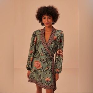 FARM Rio Green and Orange Wrap Mini Dress with Bishop Sleeves
